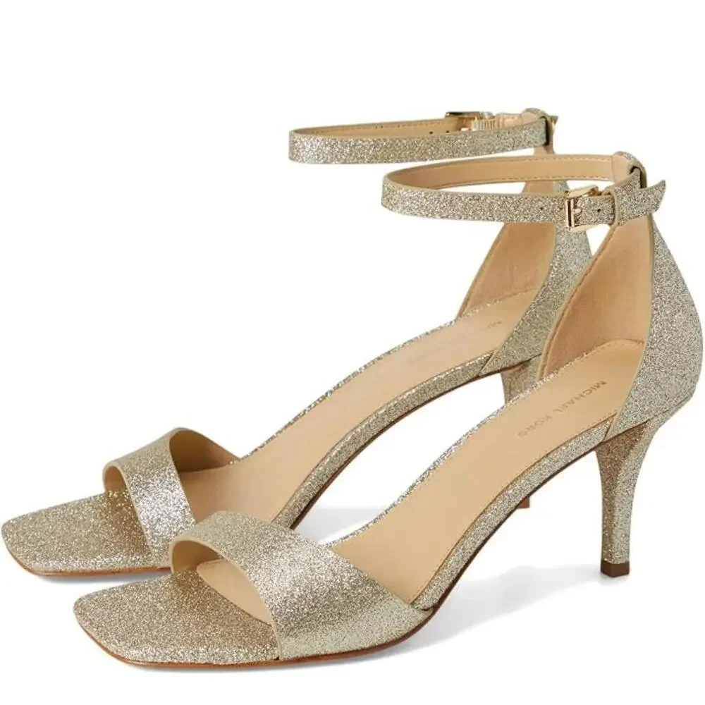 Michael Kors Jaida Sandals Women's 8.5 M Gold Stiletto Heel Ankle Strap ZOGG3463